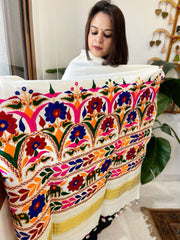 Cream Handwoven Woollen Shawl with Thread and Foil Mirror Handwork