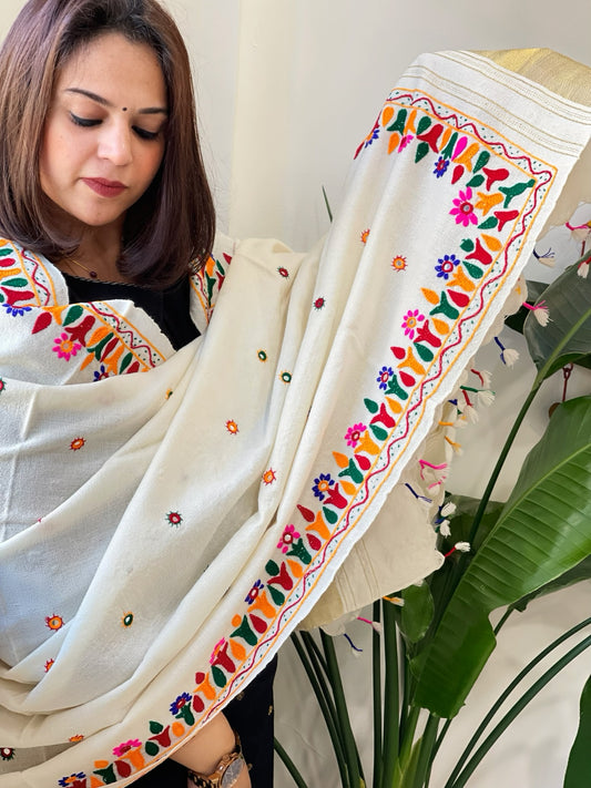 Cream Handwoven Woollen Shawl with Thread and Foil Mirror Handwork