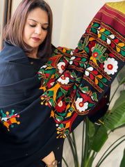 Black Handwoven Woollen Shawl with Thread and Foil Mirror Handwork