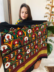 Black Handwoven Woollen Shawl with Thread and Foil Mirror Handwork