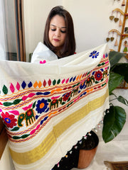 Cream Handwoven Woollen Shawl with Thread and Foil Mirror Handwork
