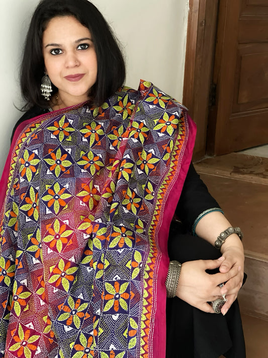 Purple, Pink Handmade Kantha Dupatta in Silk