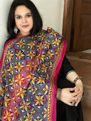 Purple, Pink Handmade Kantha Dupatta in Silk