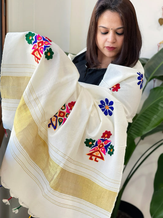 Cream Handwoven Woollen Shawl with Thread and Foil Mirror Handwork