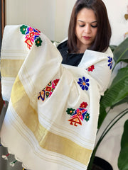 Cream Handwoven Woollen Shawl with Thread and Foil Mirror Handwork