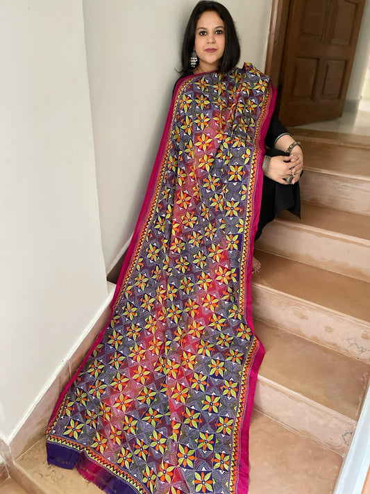 Purple, Pink Handmade Kantha Dupatta in Silk
