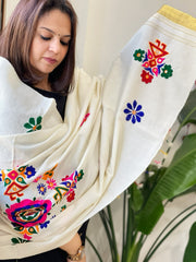 Cream Handwoven Woollen Shawl with Thread and Foil Mirror Handwork