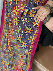 Purple, Pink Handmade Kantha Dupatta in Silk