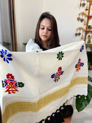 Cream Handwoven Woollen Shawl with Thread and Foil Mirror Handwork