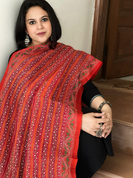 Orange Handmade Kantha Dupatta in Silk
