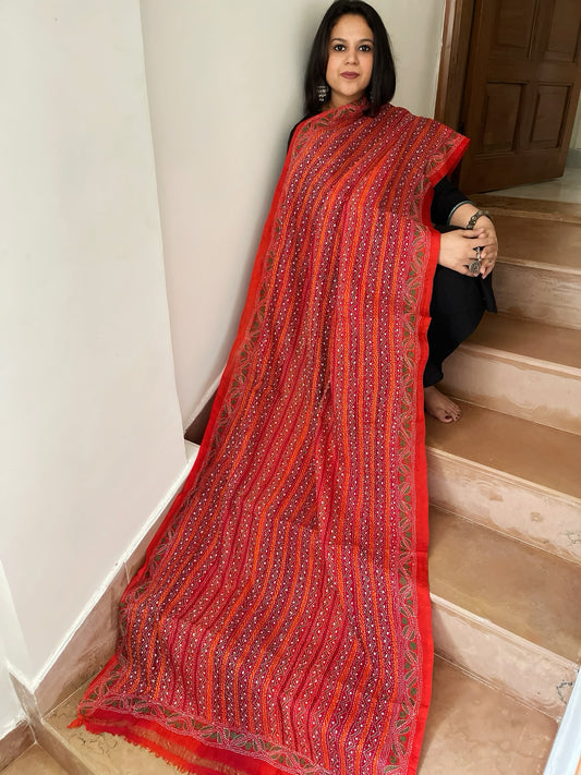Orange Handmade Kantha Dupatta in Silk