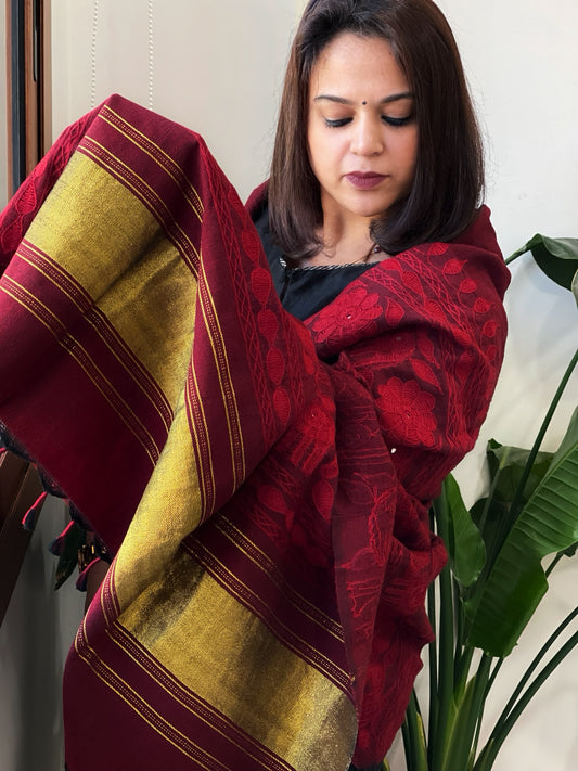 Maroon Handwoven Woollen Shawl with Thread and Foil Mirror Handwork