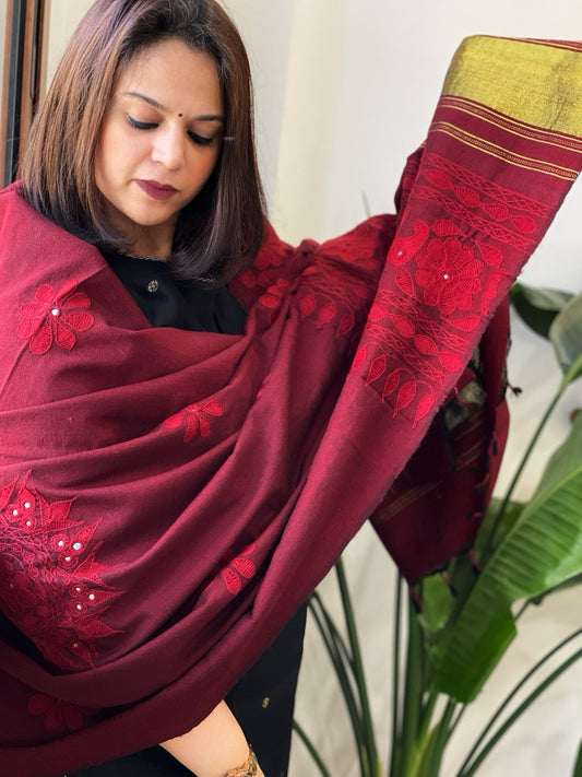 Maroon Handwoven Woollen Shawl with Thread and Foil Mirror Handwork