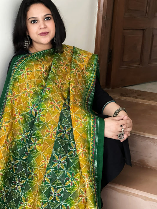 Green, Yellow Handmade Kantha Dupatta in Silk