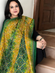 Green, Yellow Handmade Kantha Dupatta in Silk