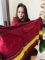 Maroon Handwoven Woollen Shawl with Thread and Foil Mirror Handwork