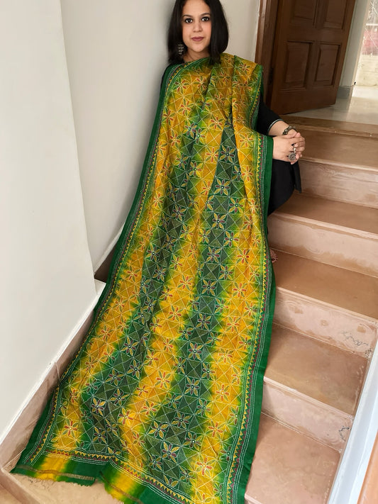 Green, Yellow Handmade Kantha Dupatta in Silk