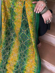 Green, Yellow Handmade Kantha Dupatta in Silk