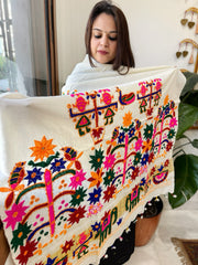 Cream Handwoven Woollen Shawl with Thread and Foil Mirror Handwork