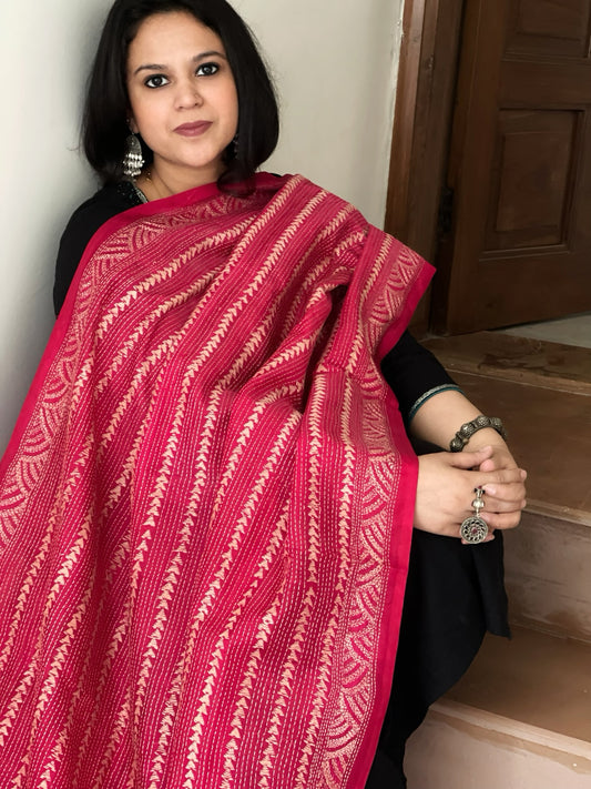 Pink Handmade Kantha Dupatta in Silk