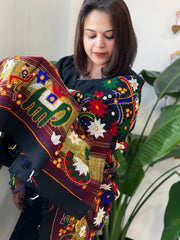 Black Handwoven Woollen Shawl with Thread and Foil Mirror Handwork