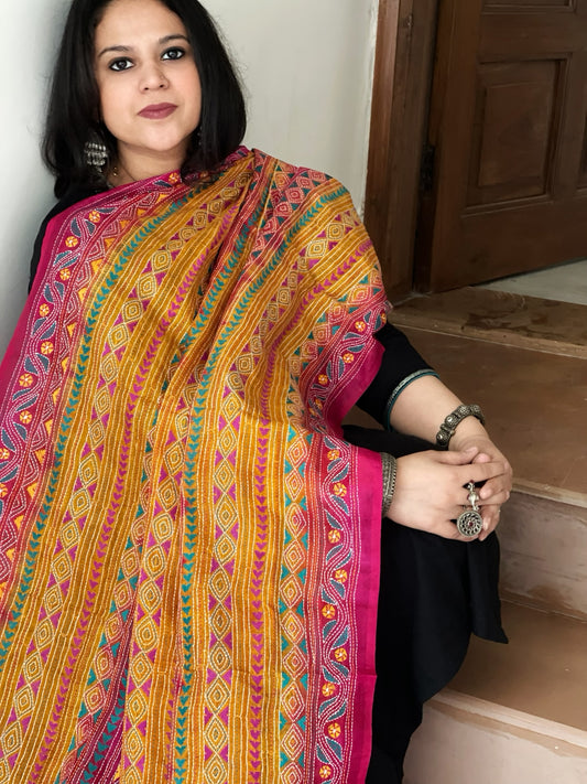 Pink, Mustard Handmade Kantha Dupatta in Silk