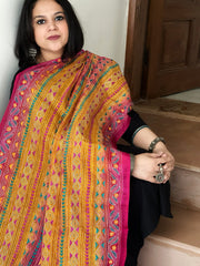Pink, Mustard Handmade Kantha Dupatta in Silk