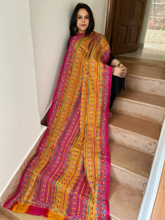 Pink, Mustard Handmade Kantha Dupatta in Silk