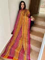 Pink, Mustard Handmade Kantha Dupatta in Silk