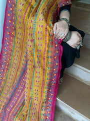Pink, Mustard Handmade Kantha Dupatta in Silk