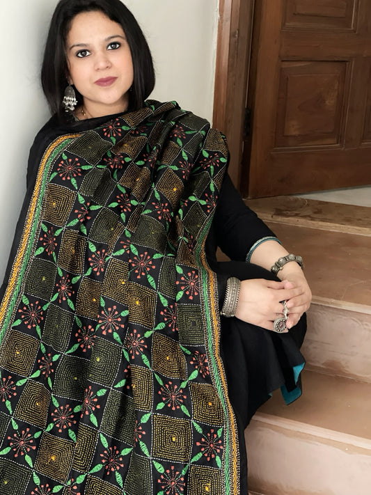 Black Handmade Kantha Dupatta in Silk