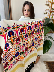 Cream Handwoven Woollen Shawl with Thread and Foil Mirror Handwork