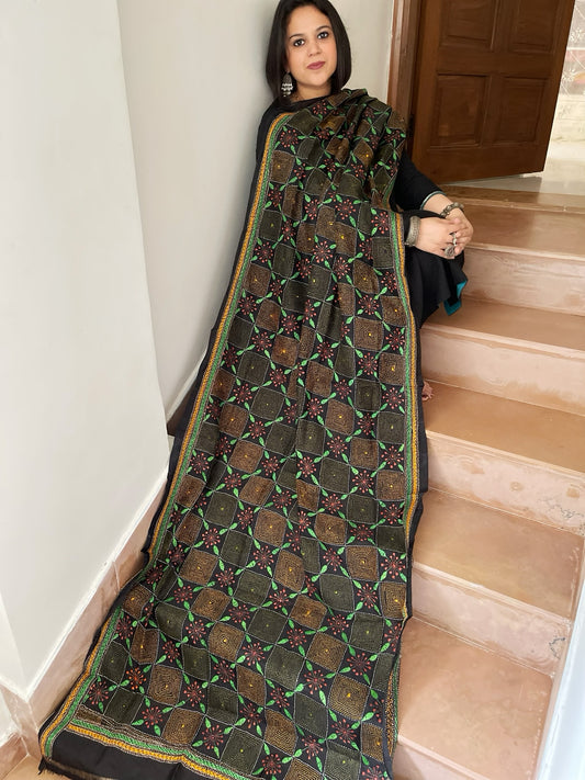 Black Handmade Kantha Dupatta in Silk