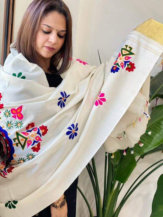 Cream Handwoven Woollen Shawl with Thread and Foil Mirror Handwork