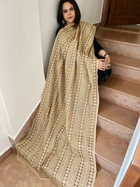 Beige Handmade Kantha Dupatta in Silk