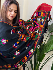 Black Handwoven Woollen Shawl with Thread and Foil Mirror Handwork