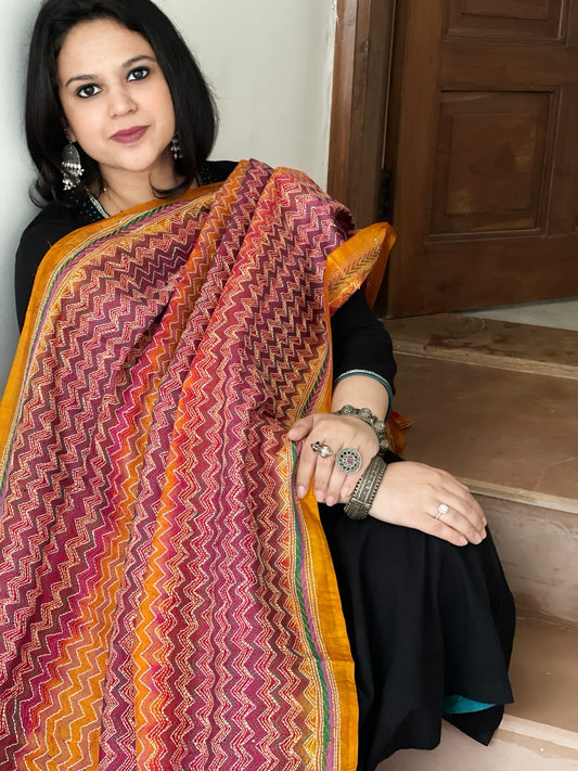 Yellow, Pink Handmade Kantha Dupatta in Silk