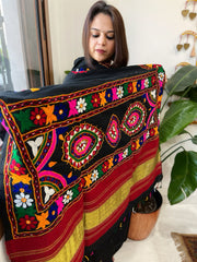 Black Handwoven Woollen Shawl with Thread and Foil Mirror Handwork