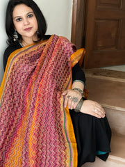 Yellow, Pink Handmade Kantha Dupatta in Silk