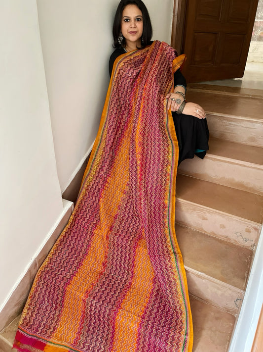 Yellow, Pink Handmade Kantha Dupatta in Silk
