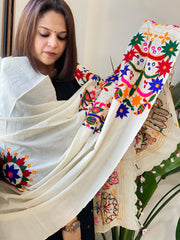 Cream Handwoven Woollen Shawl with Thread and Foil Mirror Handwork