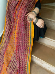 Yellow, Pink Handmade Kantha Dupatta in Silk
