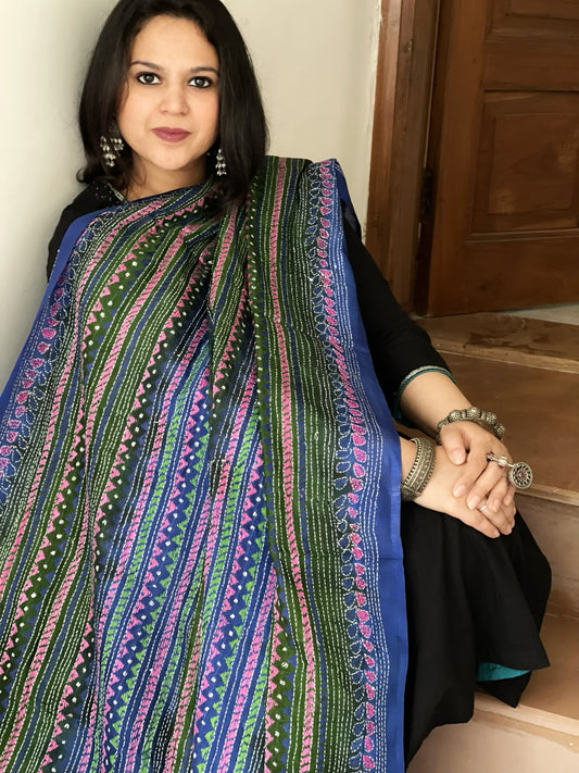 Blue, Green Handmade Kantha Dupatta in Silk