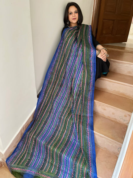 Blue, Green Handmade Kantha Dupatta in Silk