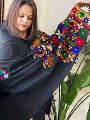 Black Handwoven Woollen Shawl with Thread and Foil Mirror Handwork