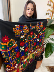 Black Handwoven Woollen Shawl with Thread and Foil Mirror Handwork