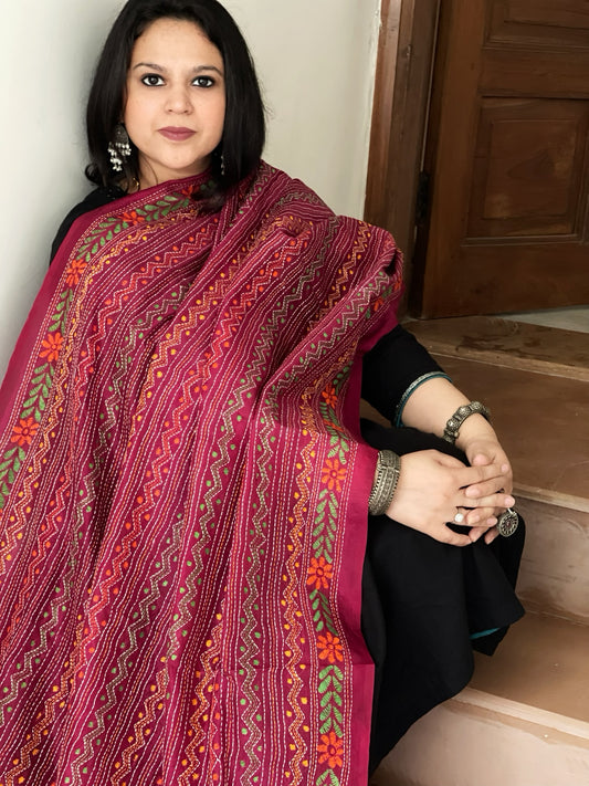 Purple, Pink Handmade Kantha Dupatta in Silk