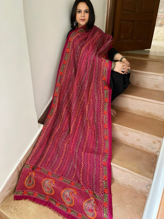 Purple, Pink Handmade Kantha Dupatta in Silk