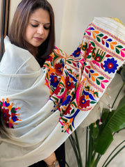 Cream Handwoven Woollen Shawl with Thread and Foil Mirror Handwork