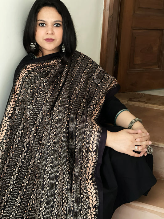 Black Handmade Kantha Dupatta in Silk